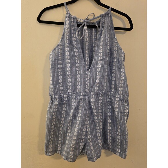 Madewell Womens Size XS Blue Seaglow Chambray Floral Drawstring Tie Neck Romper - Picture 4 of 9